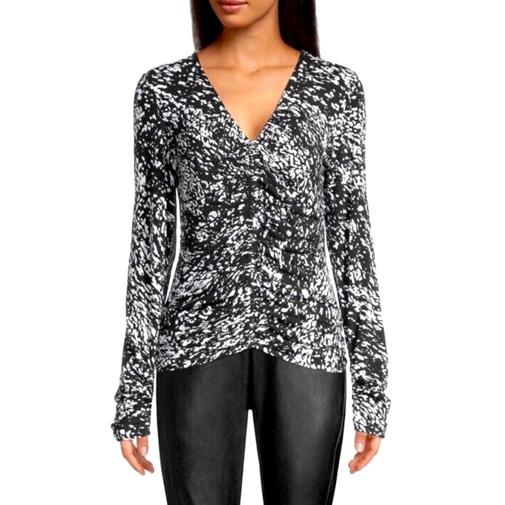 NWT Elie Tahari V-Neck Shirred Long Sleeve Top Women's Black White Size Medium